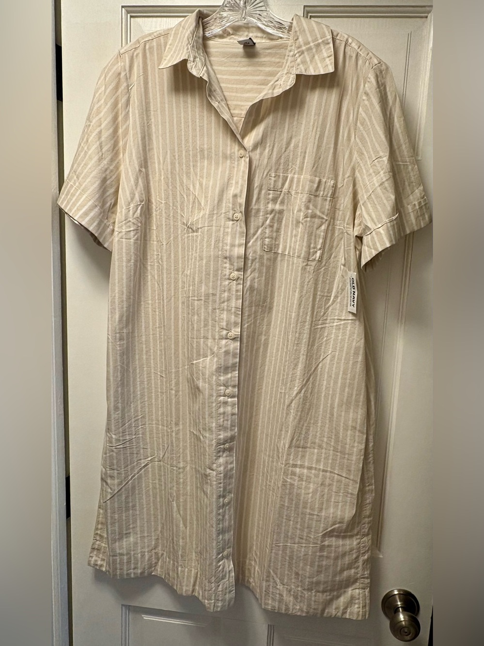 Old Navy Beige and White Striped Midi Shirt Dress